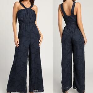 Lulu's Navy Textured Wide-Leg Jumpsuit